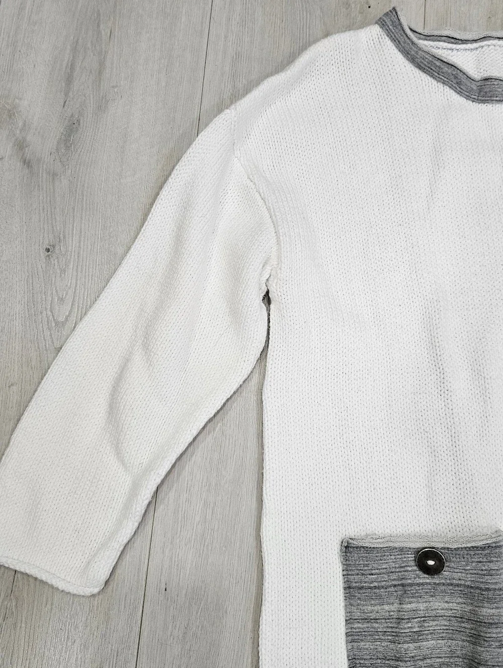 VTG Pure Handknit White Cotton Pullover Sweater Sz S Gray Pockets Rolled Hem
